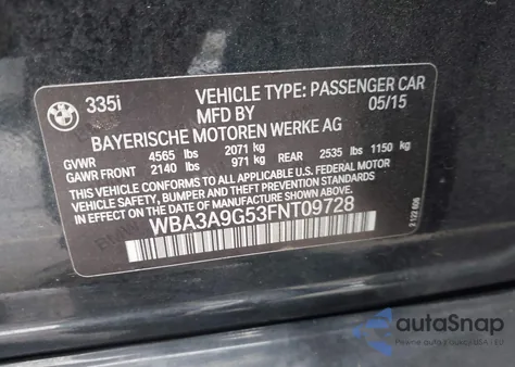 2015 BMW 335I из США, поврежденный, VIN WBA3A9G53FNT09728